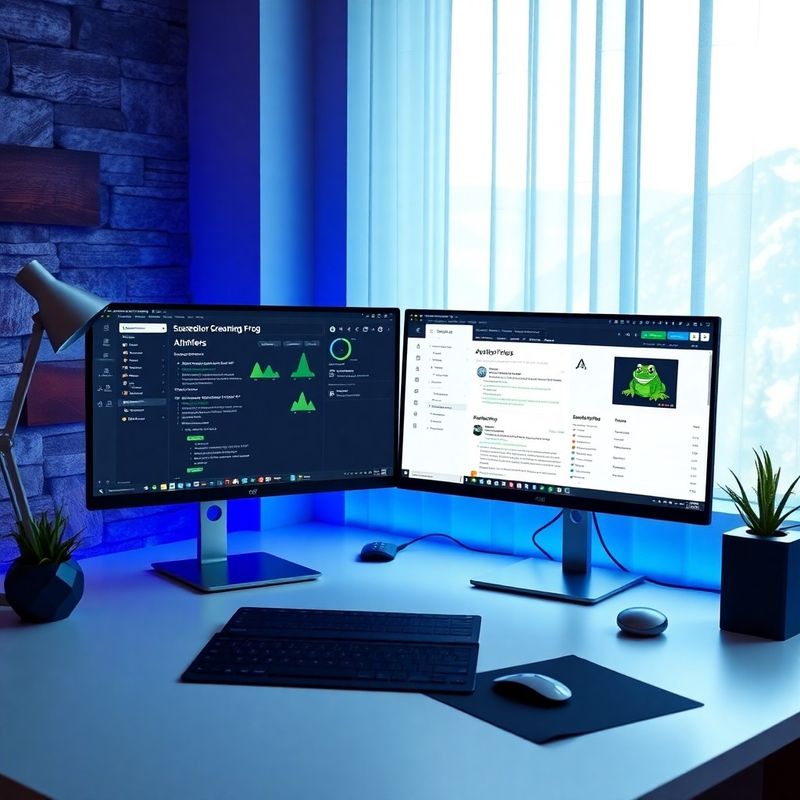 Delovna miza z Ahrefs in Screaming Frog vmesnikoma na dveh monitorjih