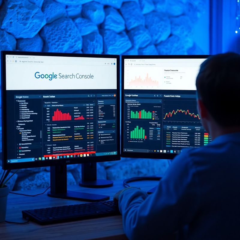 SEO analitik pregleduje podatke Google Search Console na dveh monitorjih